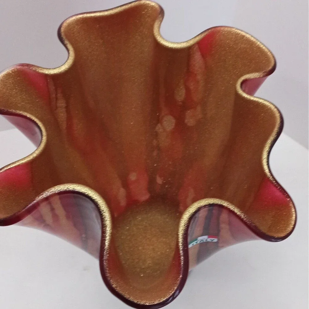 Murano like Italian Art Glass Vase Red & Gold Glossy Ruffled Rim Decorative
